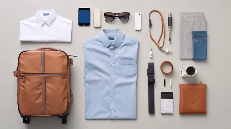Packliste-Geschaeftsreise-Ansicht-von-oben-der-Reiseartikel-zum-packen-768x430