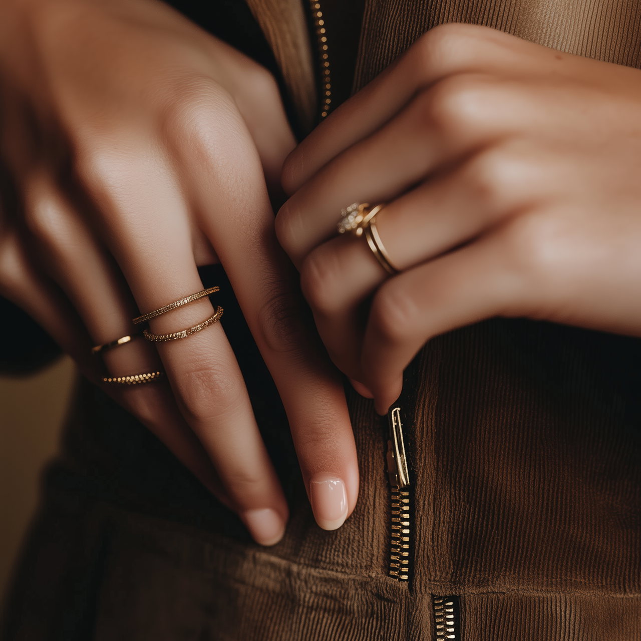 closeup-hands-zipping-stylish-brown-jacket-while-wearing-delicate-rings-autumn