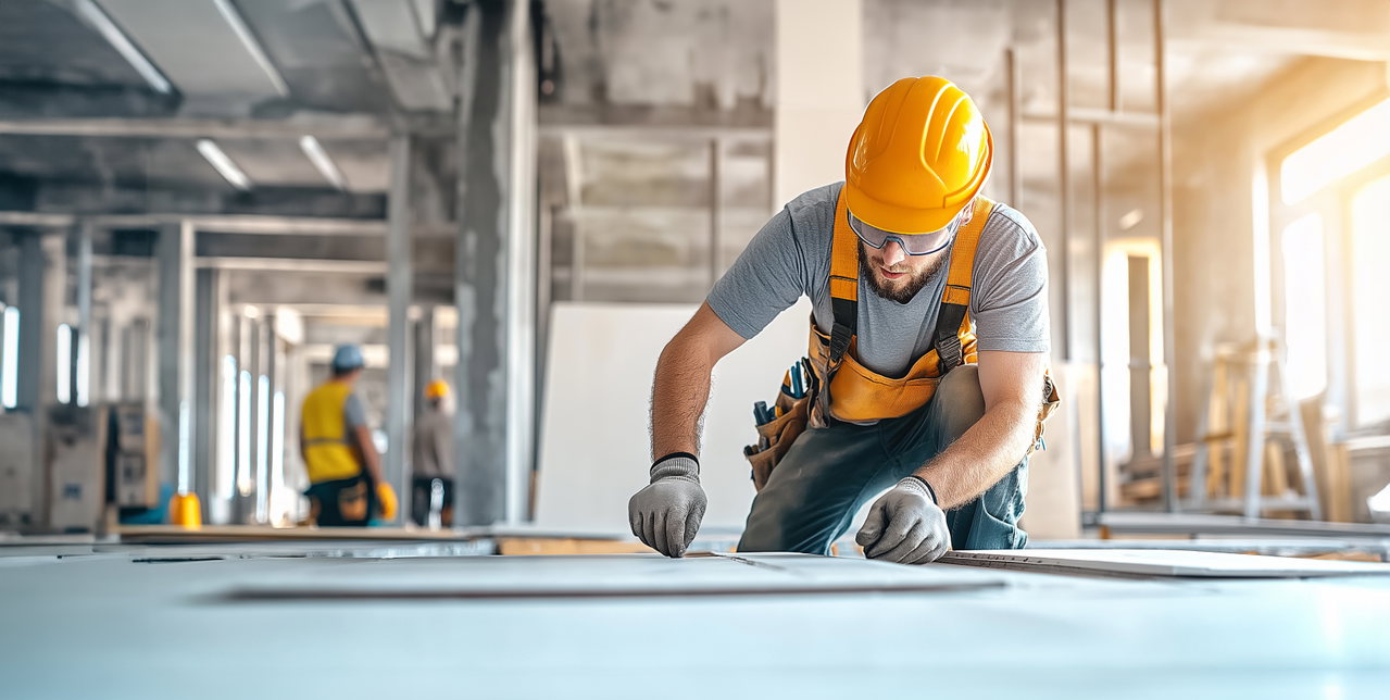 Bauarbeiter mit Schutzhelm bei Arbeiten auf einer Baustelle