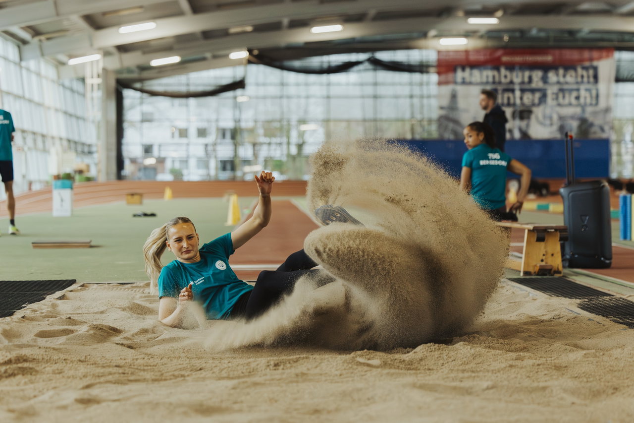 Weitspringerin im türkisfarbenen Shirt landet in der Sandgrube einer Leichtathletikhalle, der Sand spritzt hoch
