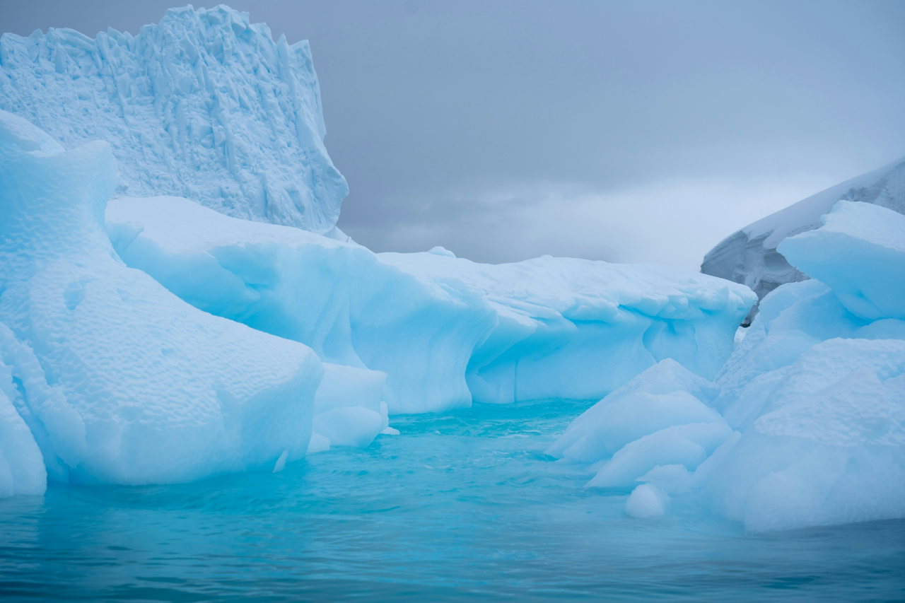 Blau schimmerndes Eis an der Wasserkante