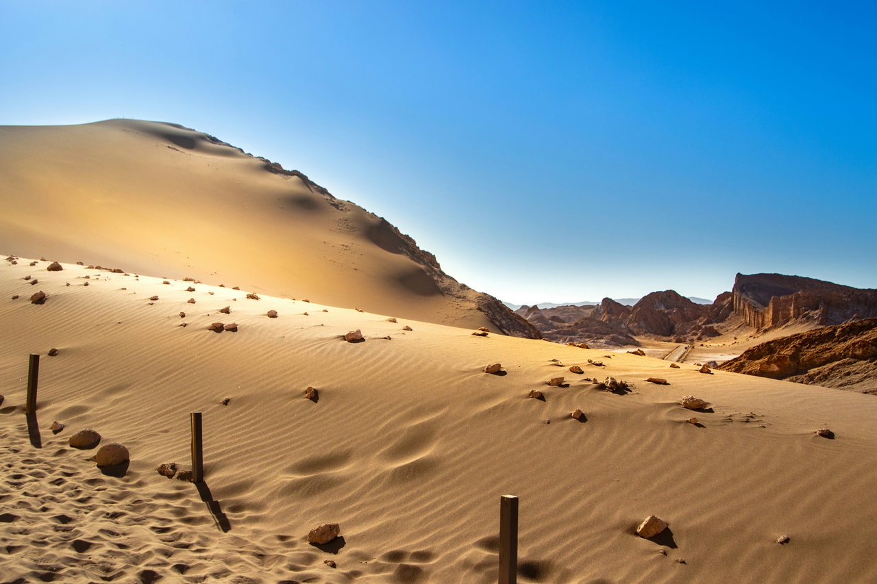 Sanddüne mit Holzpfählen unter blauem Himmel