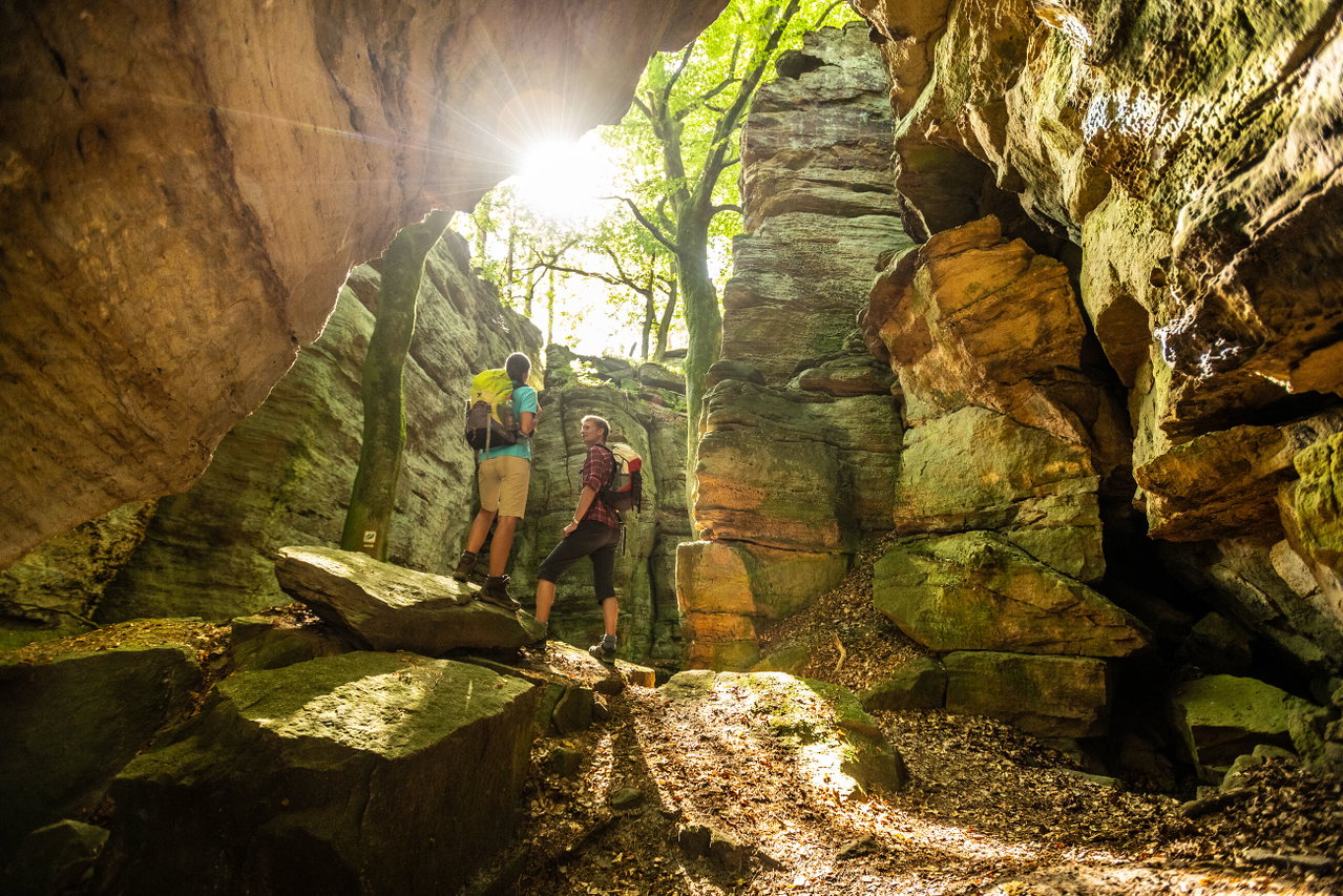 Zwei Wanderer mit Rucksäcken stehen zwischen hohen Sandsteinfelsen in einer schmalen Felsschlucht, während Sonnenlicht durch die Bäume fällt und den Weg darunter warm beleuchtet.