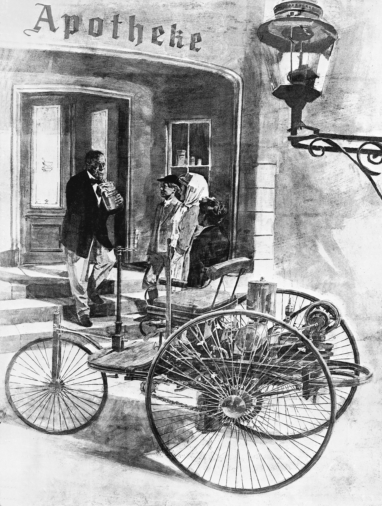 Bertha Benz und ihre Söhne während ihrer Fernfahrt im August 1888 mit dem Benz Patent-Motorwagen (zeitgenössische Darstellung des Auftankens in Wiesloch).