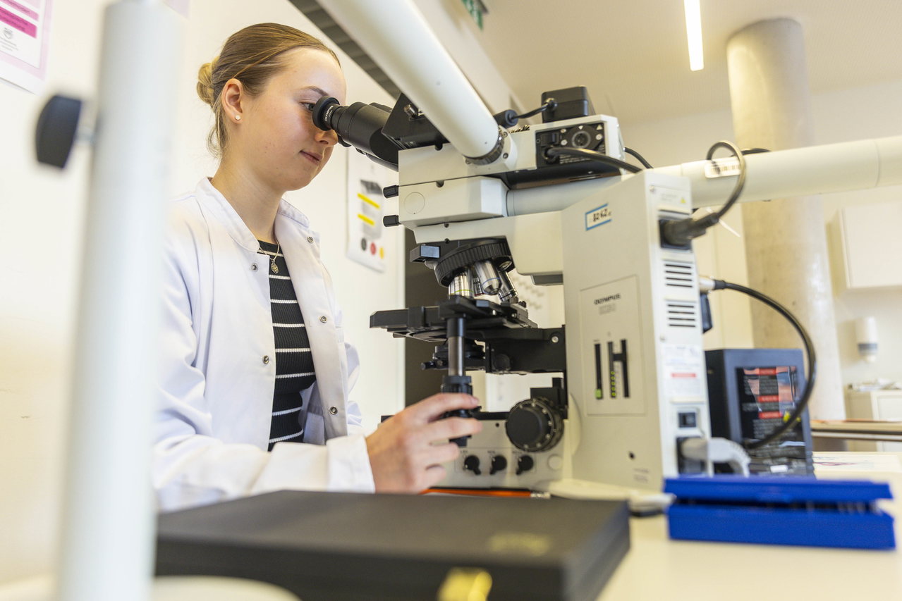 Studentin am Mikroskop im Labor der Biomedizinischen Analytik