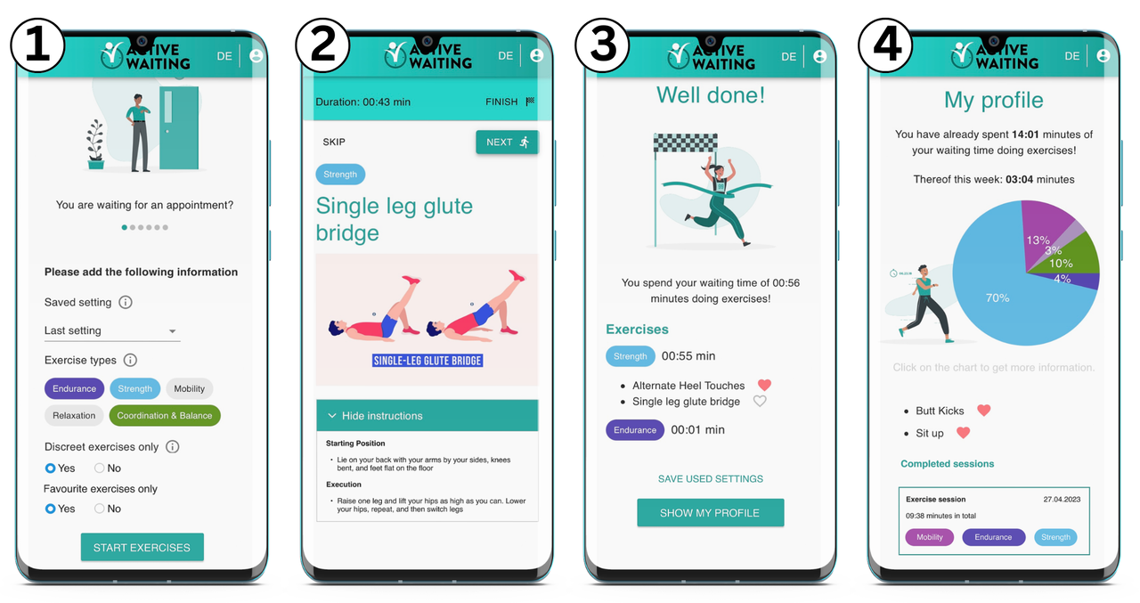 Vier Smartphone-Bildschirme der AWAIT-App in der generischen Version