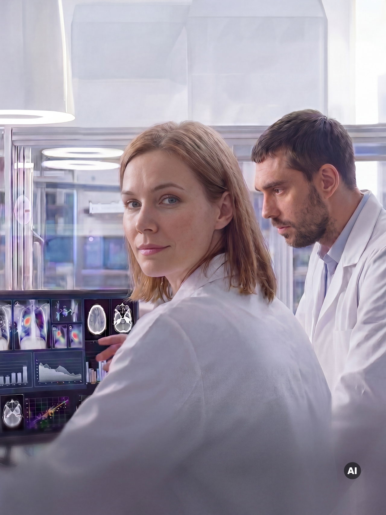 Ärztin und Arzt vor einem Bildschirm mit medizinischen Scans