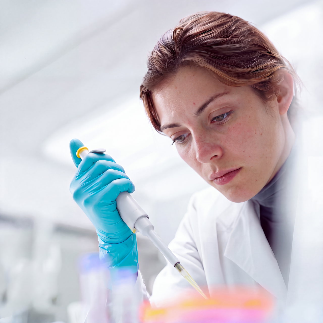 A researcher in the laboratory pipettes a sample whilst wearing a blue glove