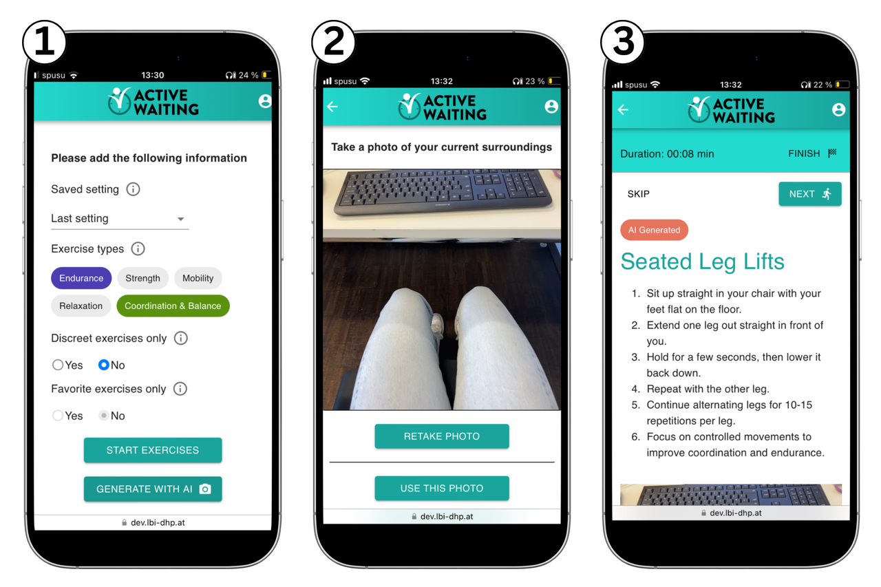 Drei Smartphone-Bildschirme der AWAIT-App in der KI-Version: Eingaben, Foto der Umgebung, vorgeschlagene Übung