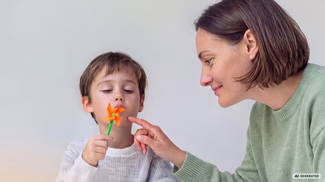 Logopädin übt mit einem Kind das Pusten mit einem Papierwindrad