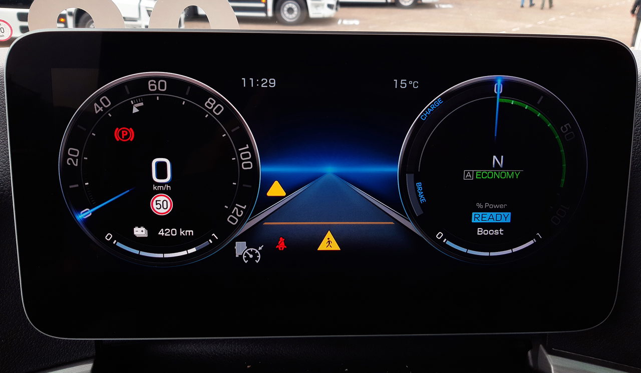 Bei den Instrumenten der E-Lkw stehen Energieanzeigen für Verbrauch und Rekuperation im Fokus; hier am Beispiel eines Mercedes-Benz eActros.
