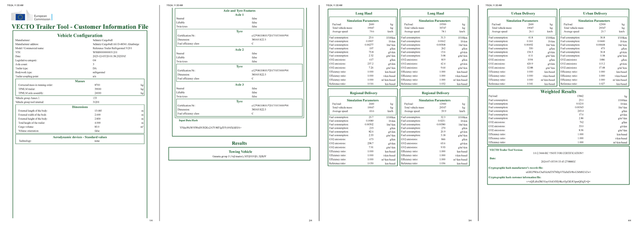 As shown in this example of a refrigerated semi-trailer, calculated for illustrative purposes, this is roughly what a future VECTO certificate issued to the customer would look like.