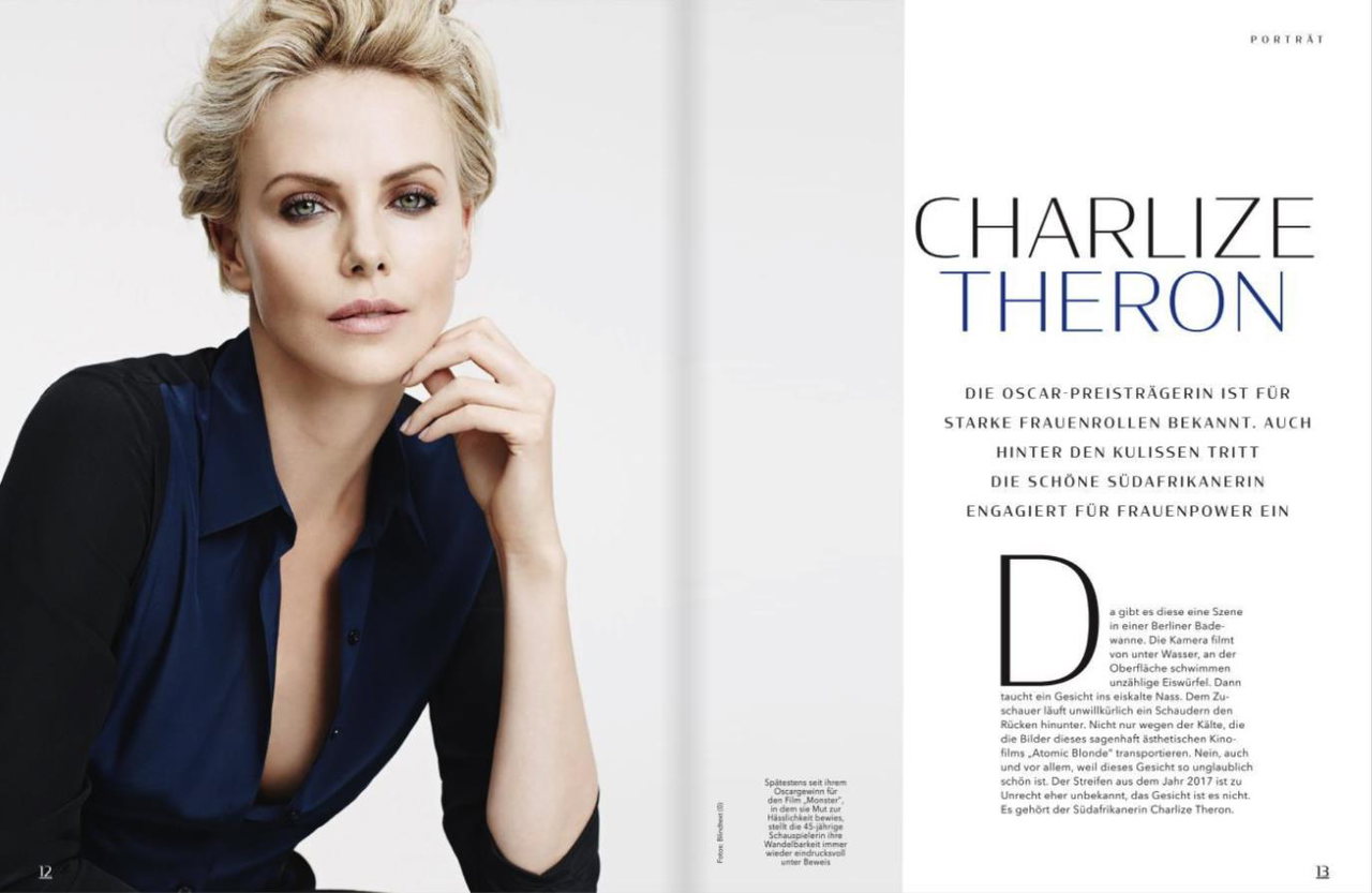Aufgeschlagene Magazinseiten mit einem Porträt von Charlize Theron