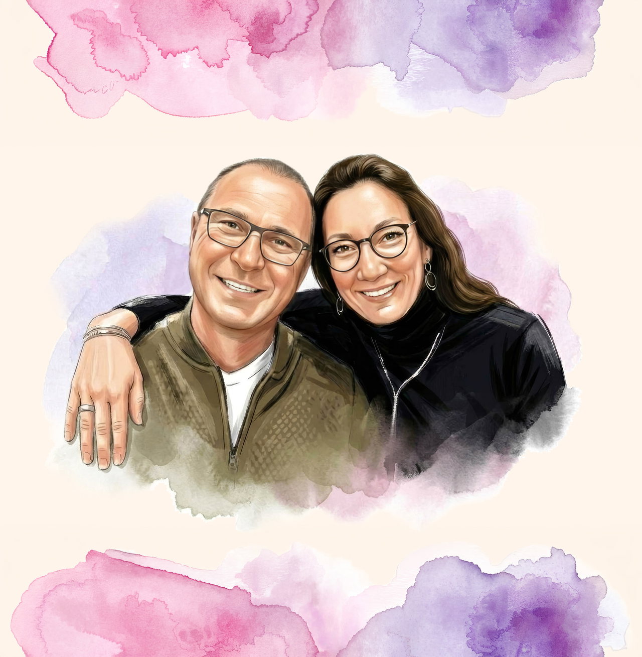 Illustration im Aquarell-Stil eines lächelnden Mannes und einer lächelnden Frau mit Brille, die sich umarmen.