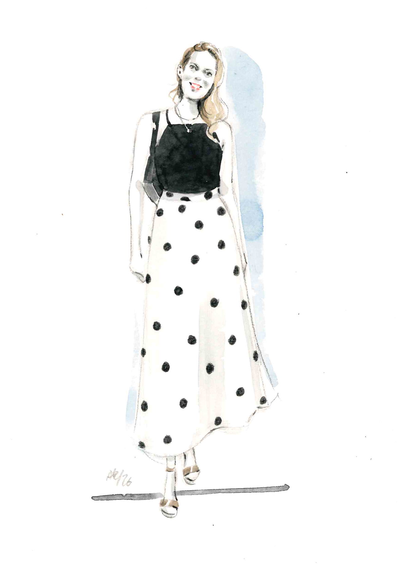 Modeillustration in Aquarell: Frau mit schulterlangem blondem Haar in schwarzem Top und weißem Rock mit schwarzen Punkten