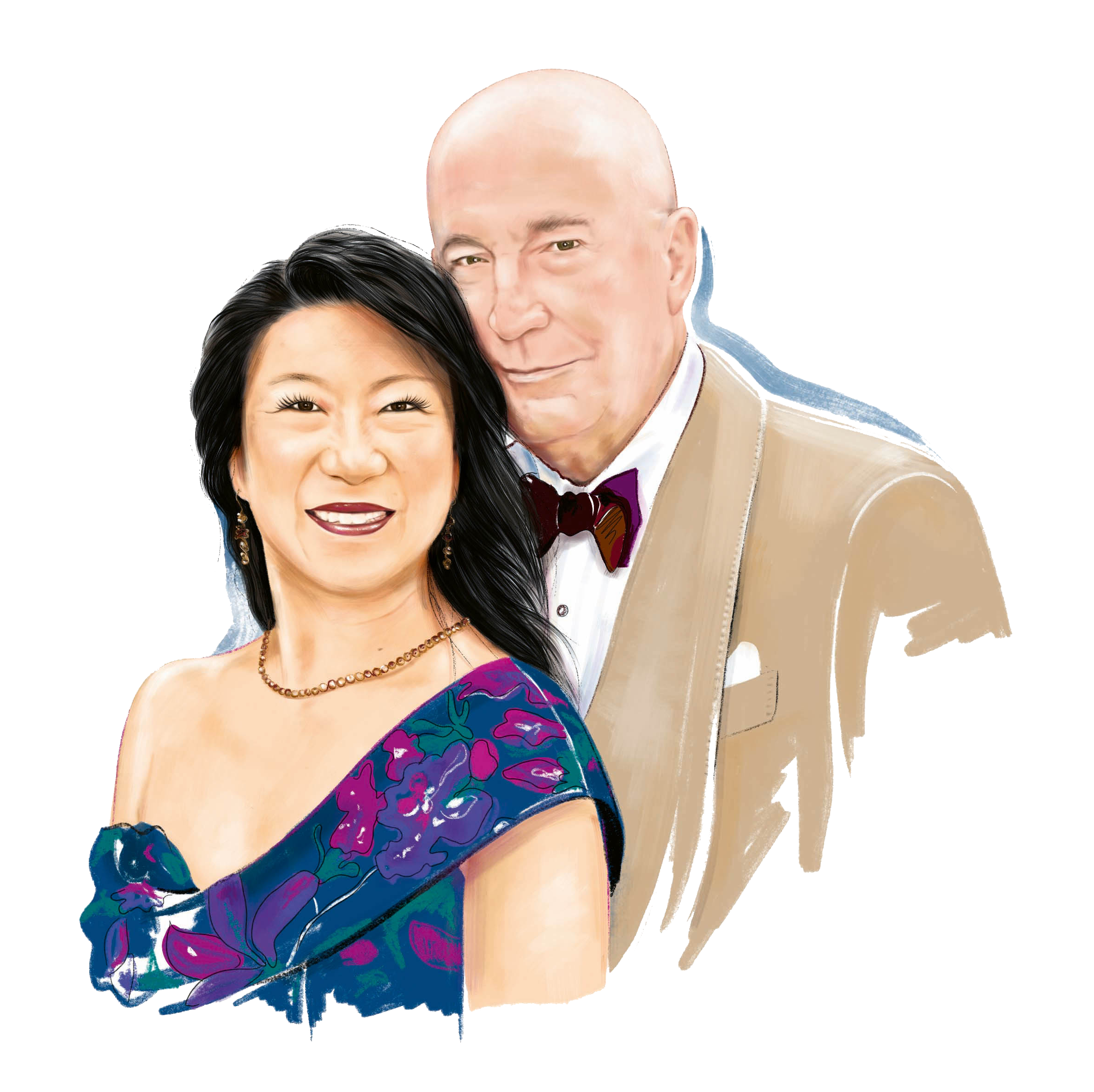 Illustration of a woman in a purple patterned dress next to a man in a beige suit with a dark bow tie