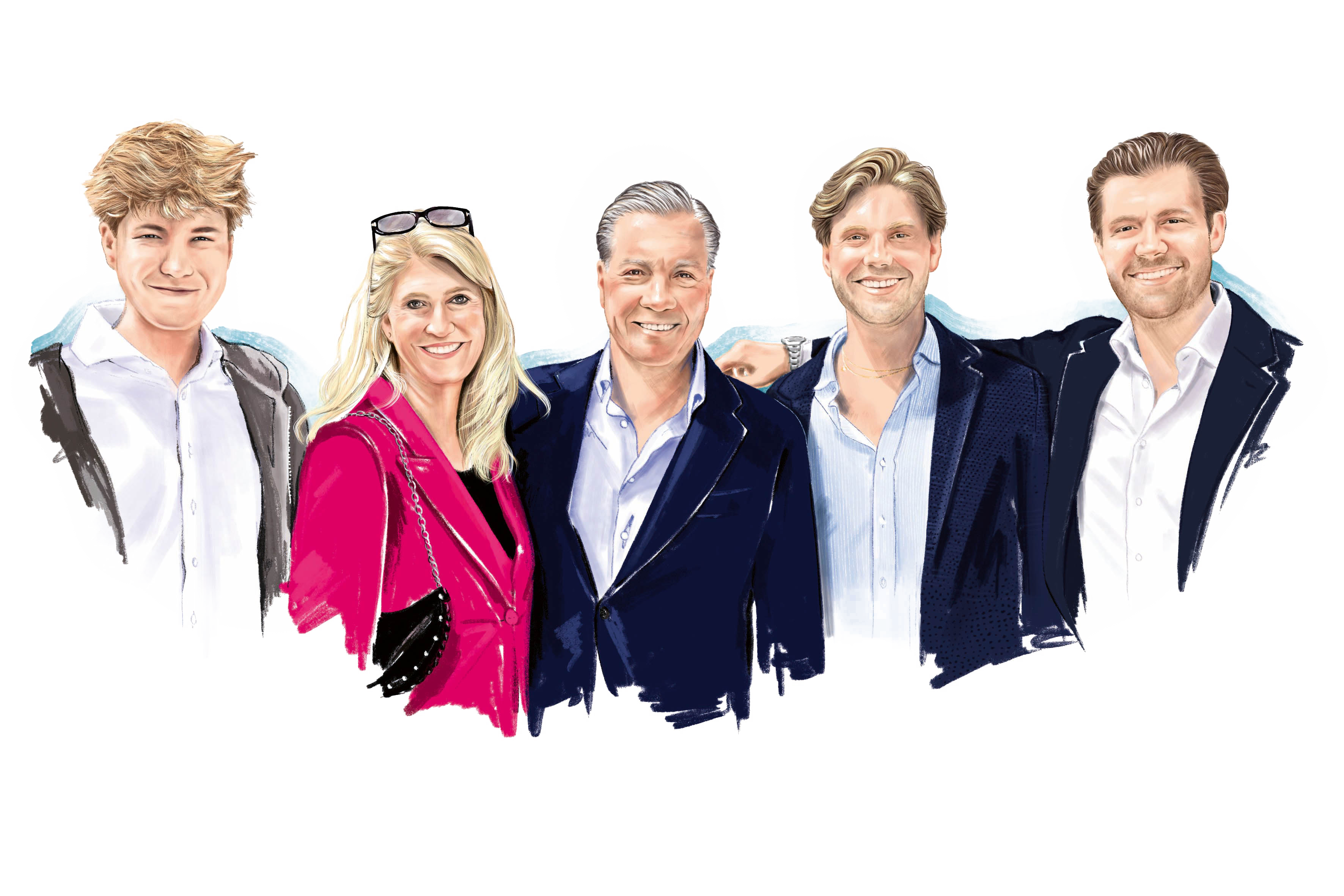 Illustration of a family with mother and father and three adult sons