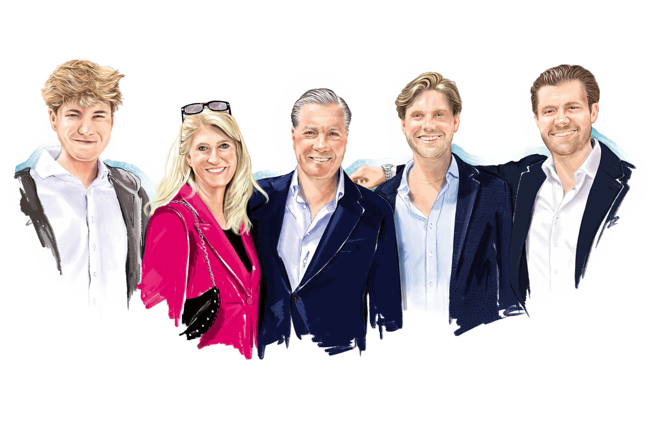 Illustration einer Familie mit Mutter und Vater sowie drei erwachsenen Söhnen