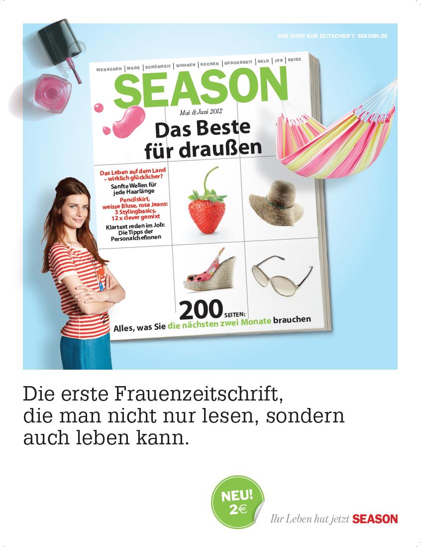Cover der Zeitschrift SEASON „Das Beste für draußen“, daneben der Slogan „Die erste Frauenzeitschrift, die man nicht nur lesen, sondern auch leben kann“