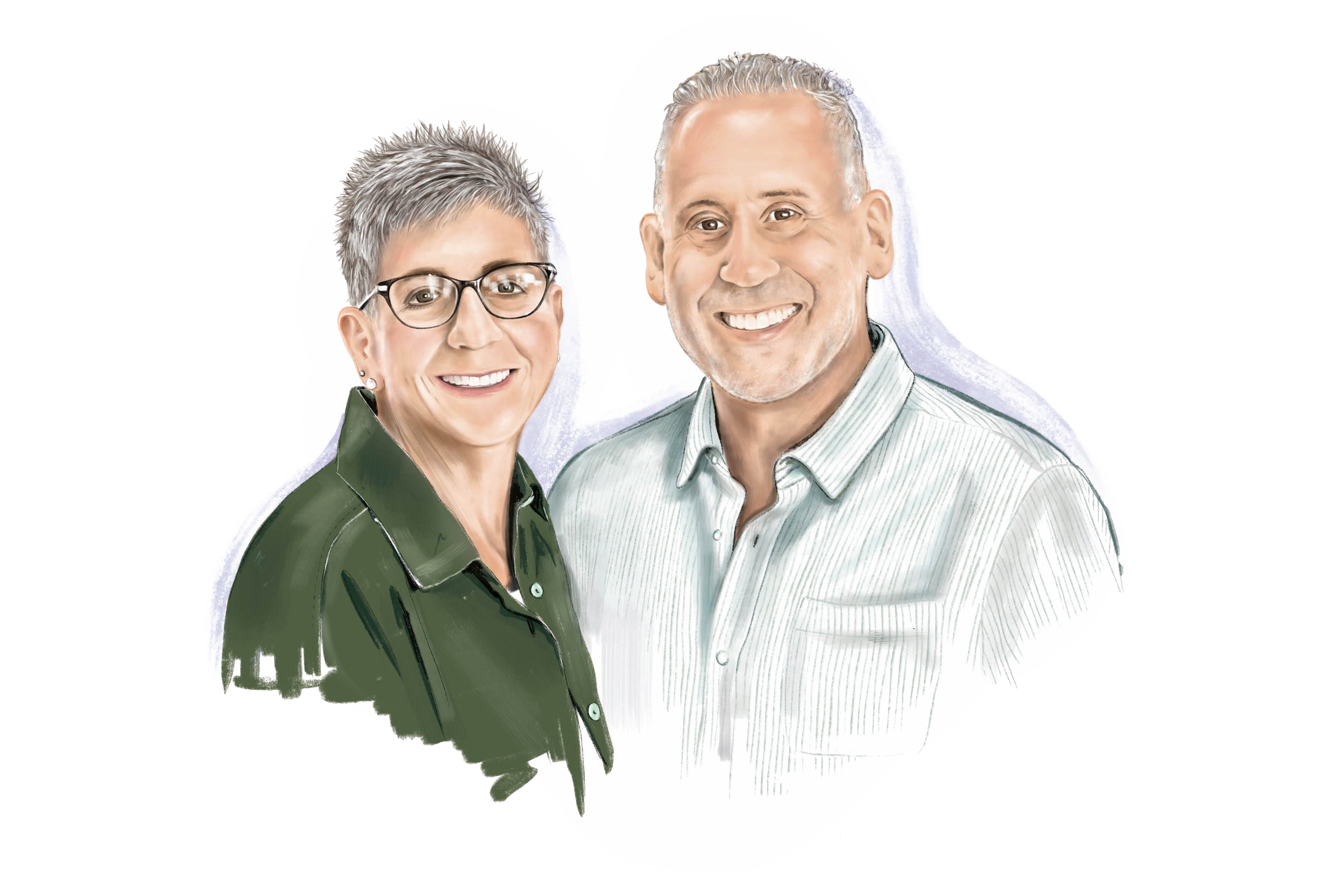 Illustration of a woman with glasses in a green shirt next to a man in a light striped shirt