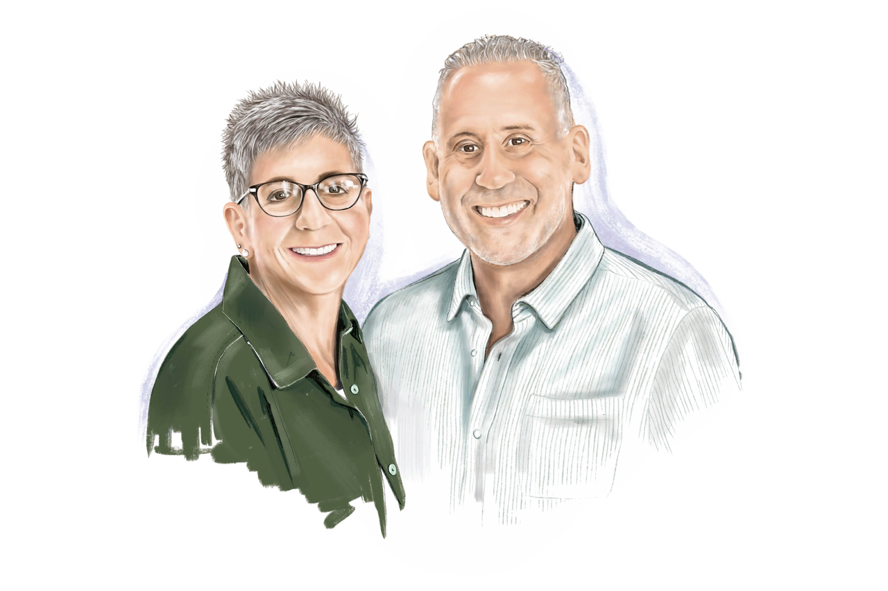 Illustration einer Frau mit Brille in einem grünen Hemd neben einem Mann in einem hell gestreiften Hemd