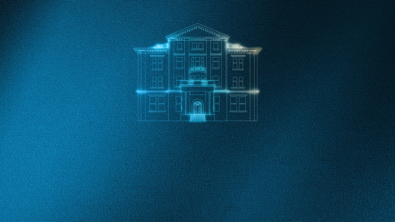 Die Silhouette des Münchner Vorstandshauses der LfA. Das Haus ist skizzenartig in Neonblau auf dunklem Hintergrund abgebildet.