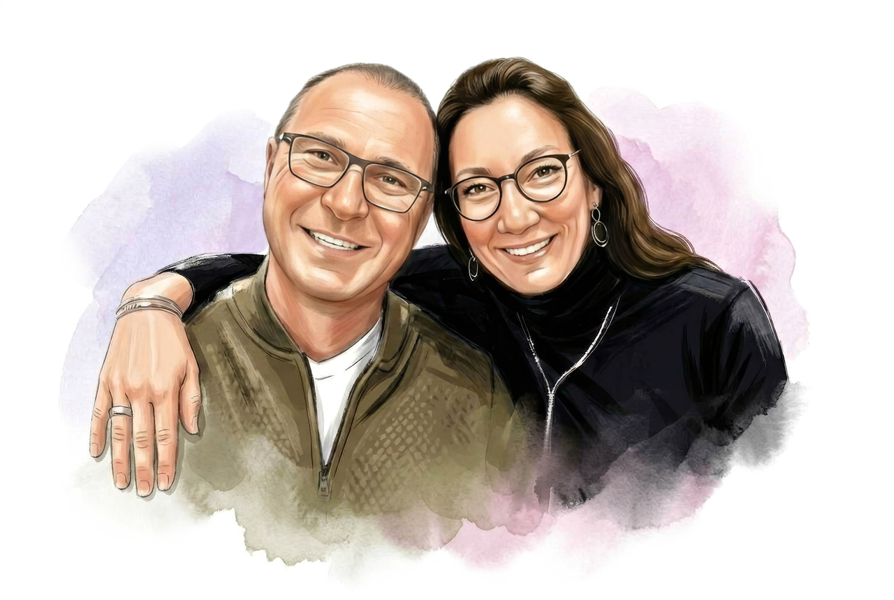 Gemaltes Porträt eines Mannes mit Brille im grünen Pullover und einer Frau mit Brille im schwarzen Rollkragenpullover.