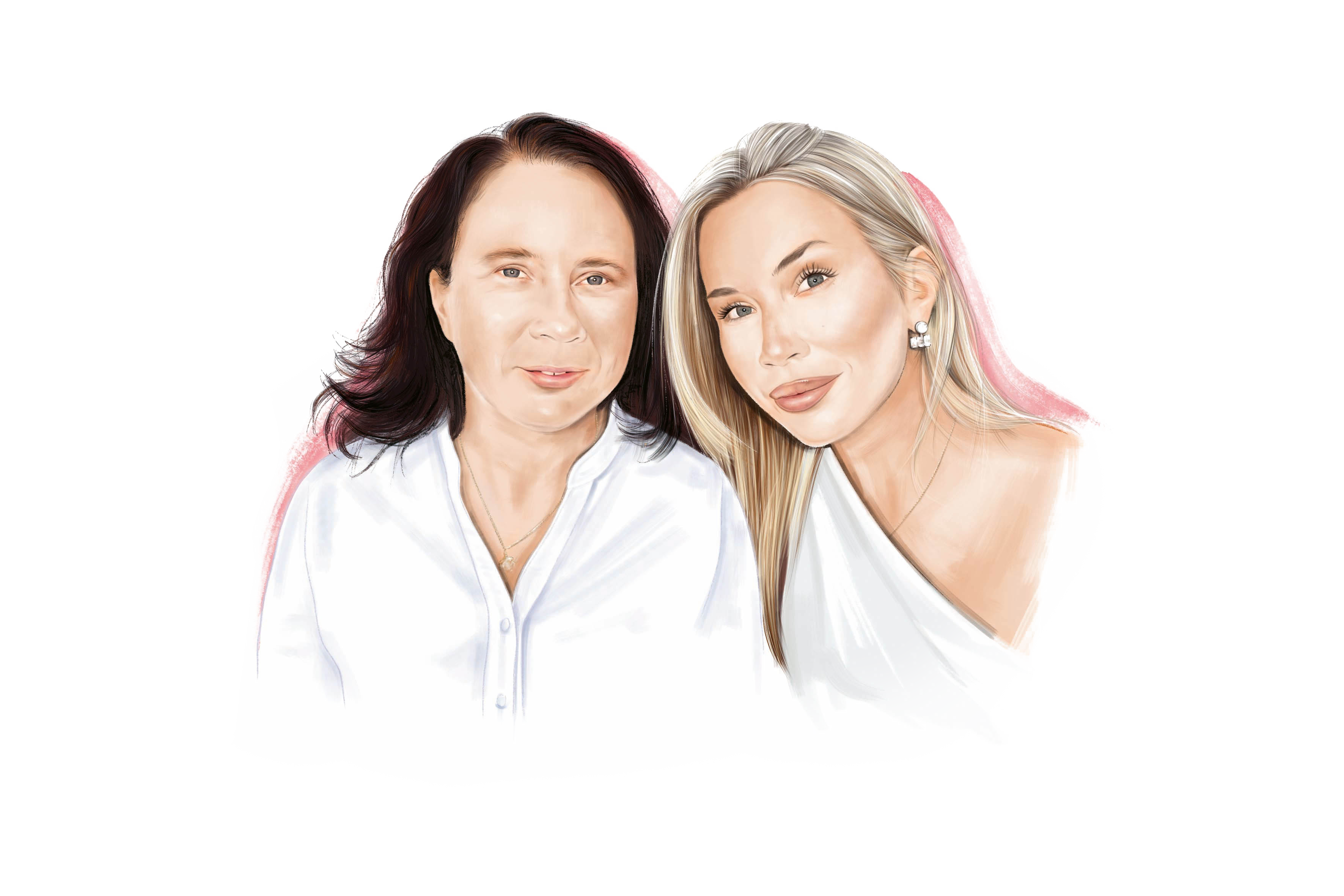 Illustration of two smiling women in white outerwear