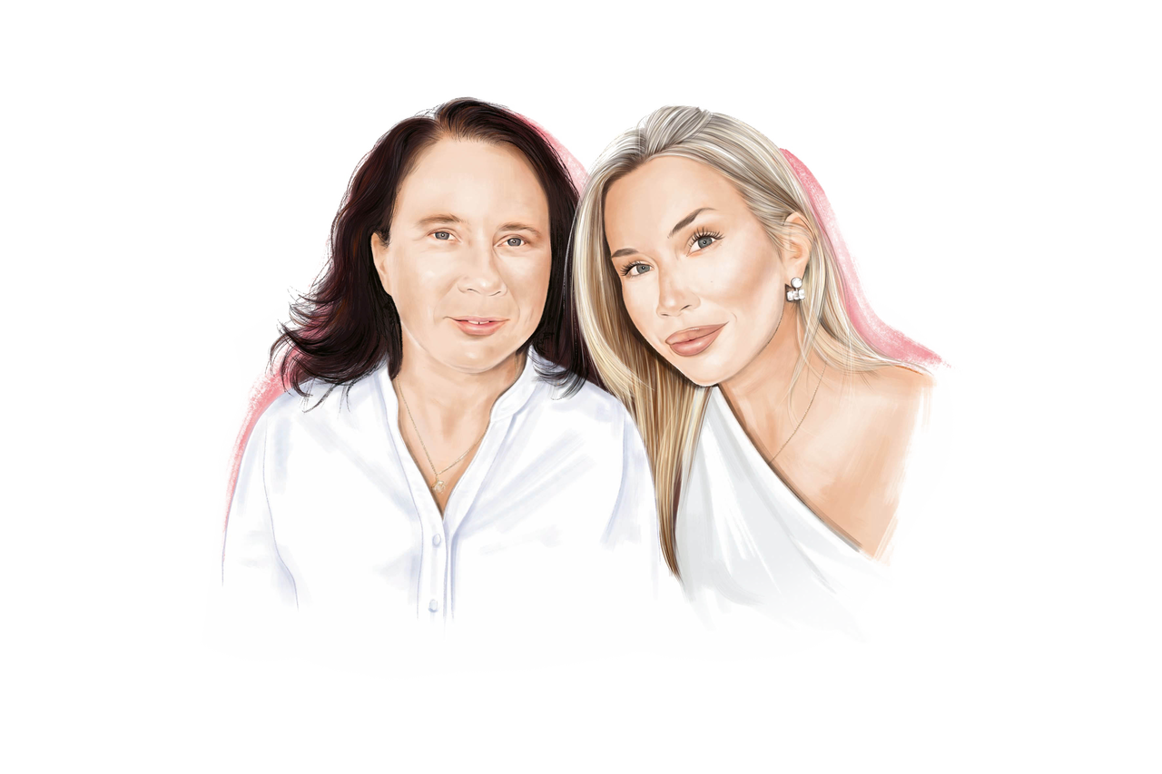 Illustration von zwei lächelnden Frauen in weißer Oberbekleidung