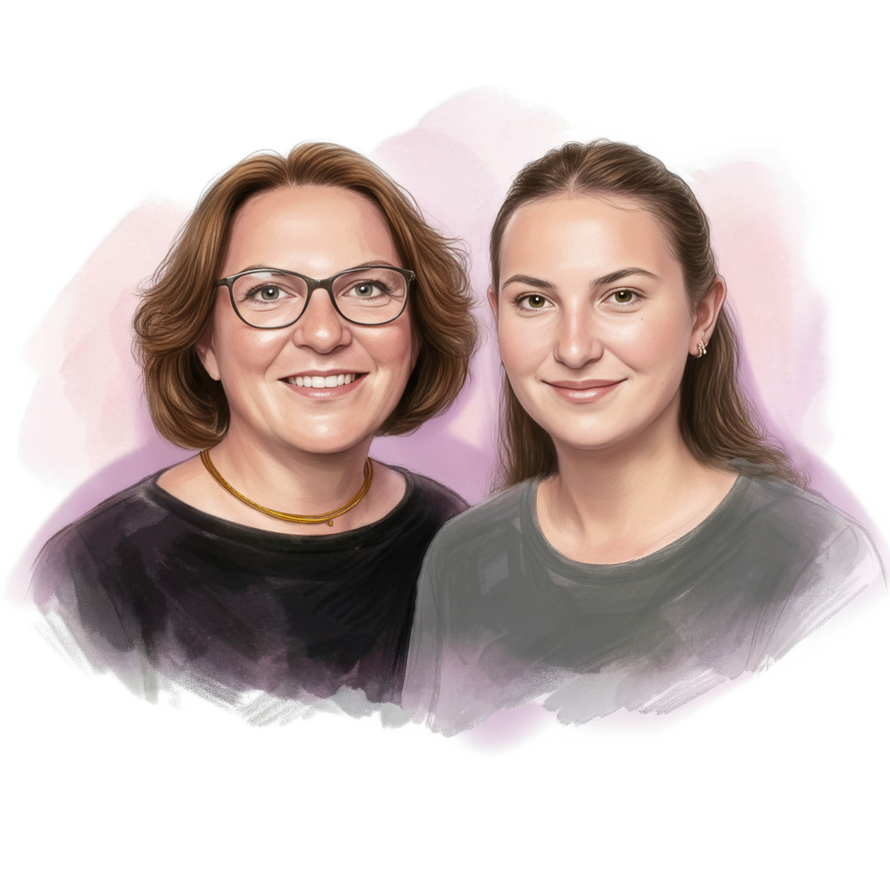 Gemaltes Porträt zweier lächelnder Frauen mit brünetten Haaren nebeneinander.