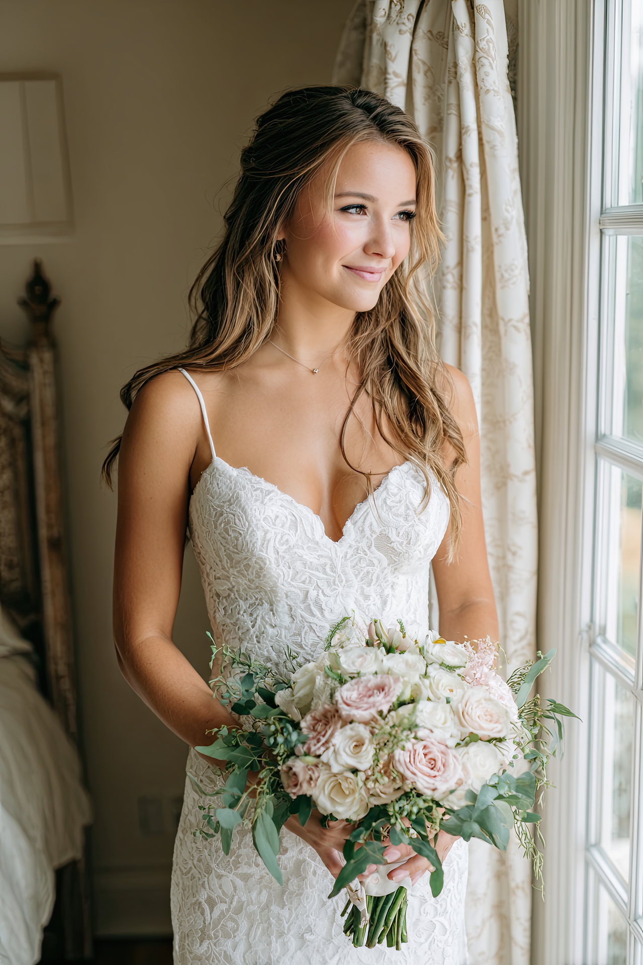 beautiful-bride-lace-wedding-dress-holding-bouquet-smiling-by-window-soft-natural-daylight