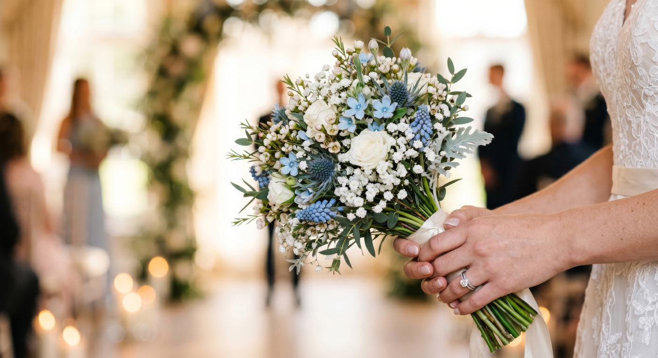 closeup-bride-holding-beautiful-blue-white-wedding-bouquet-with-babys-breath-blue-thistles-white-roses