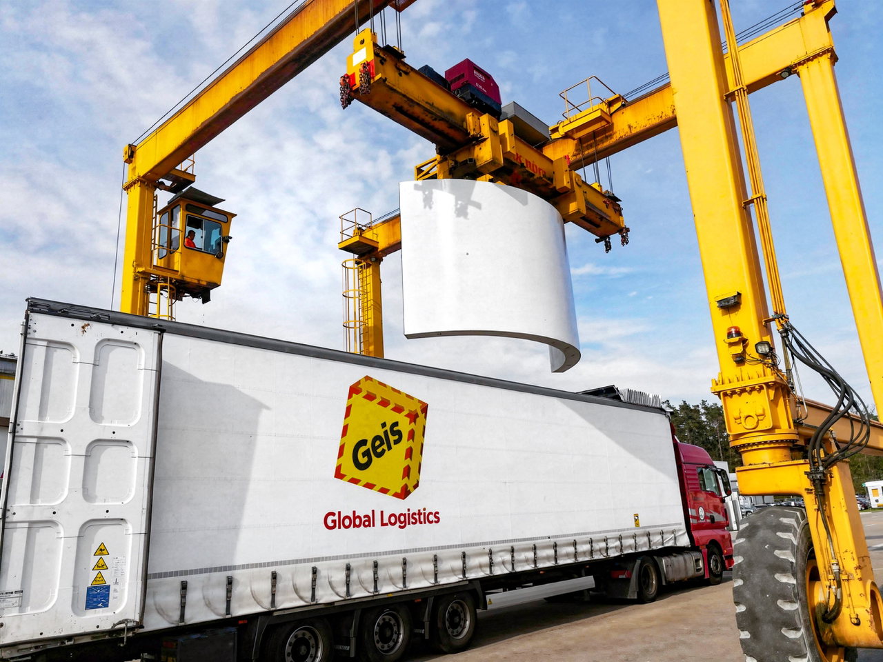 Ein Portalkran hebt eine weiße Großkomponente über den Auflieger eines Geis-Lkw