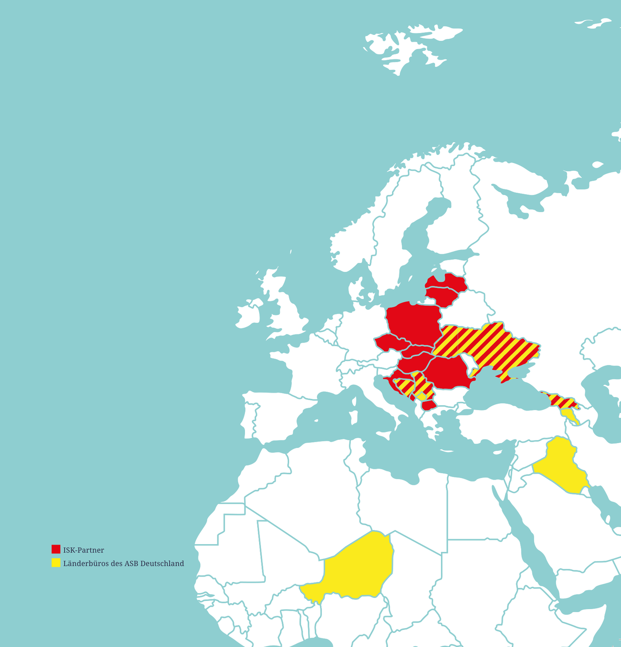 Karte der ISK-Partnerländer (rot) und der Länderbüros des ASB Deutschland (gelb)