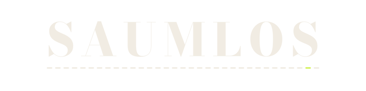 Wortmarke SAUMLOS in hellen Versalien mit gestrichelter Stichlinie darunter, der letzte Stich in Limette.