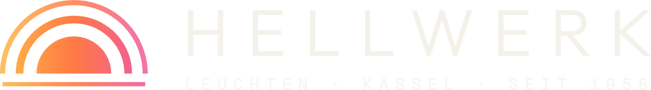 Logo HELLWERK Leuchten mit Lichtbogen-Signet und weit gesperrter Wortmarke, helle Fassung für dunkle Flächen