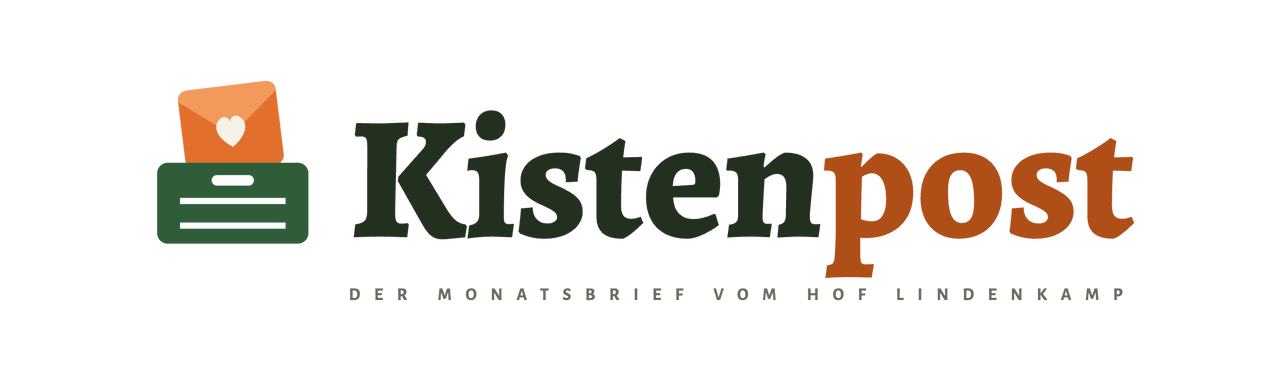 Logo Kistenpost – Der Monatsbrief vom Hof Lindenkamp, dunkle Fassung mit Kiste und Briefumschlag