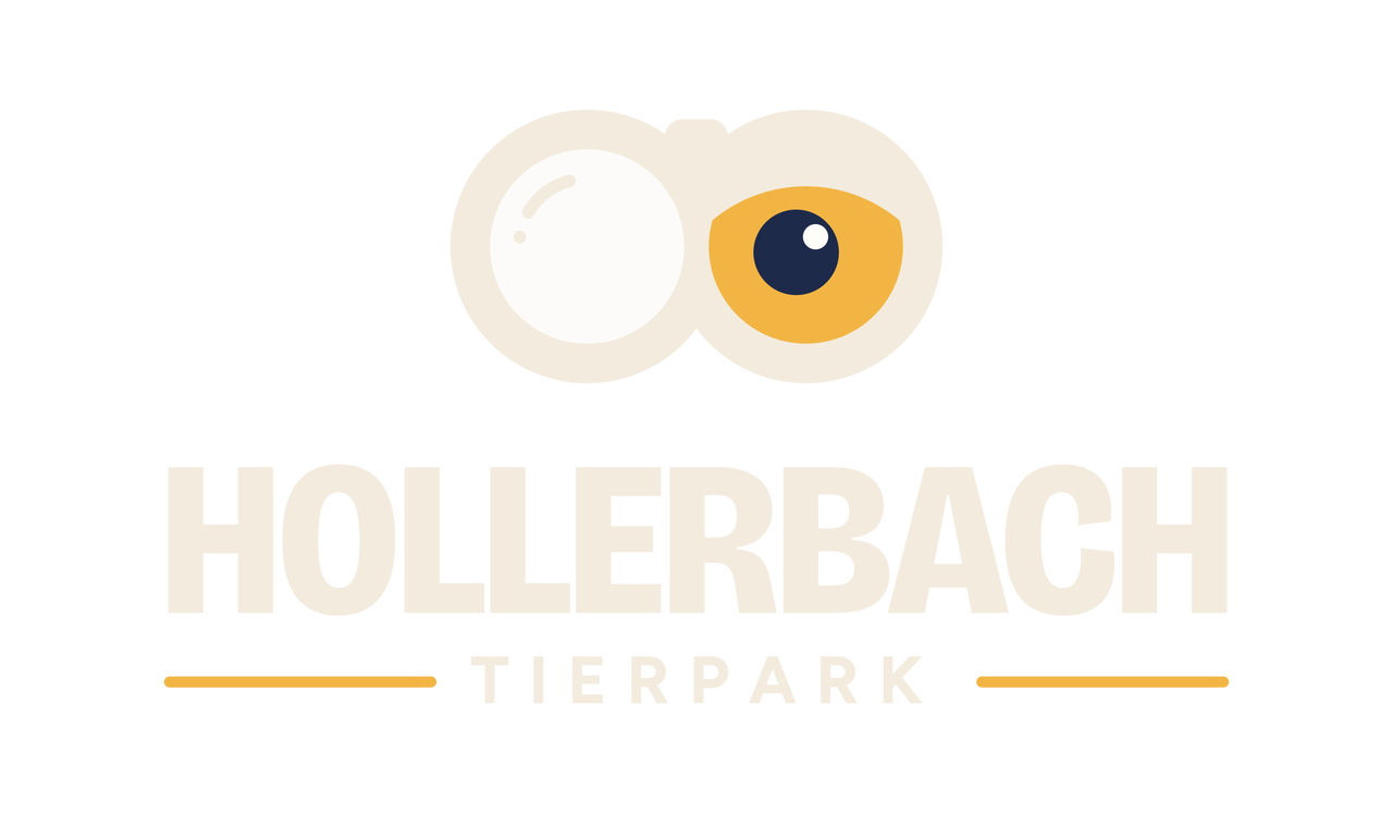 Neues Logo des Tierparks Hollerbach in der hellen Fassung für Fotos und dunkle Flächen: Fernglas in Sand mit goldgelbem Tierauge, darunter HOLLERBACH und die Unterzeile TIERPARK.