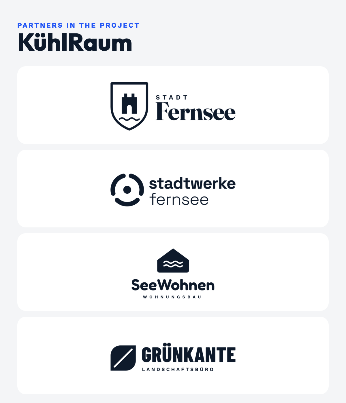 Partners in the KühlRaum project, stacked: logos of the City of Fernsee, Fernsee Municipal Utilities (Stadtwerke Fernsee), SeeWohnen Wohnungsbau and Grünkante Landscape Architects