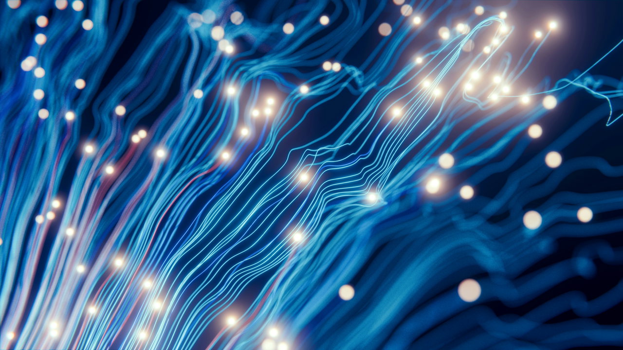 Abstraktes blaues Datennetz aus leuchtenden Linien und Knoten