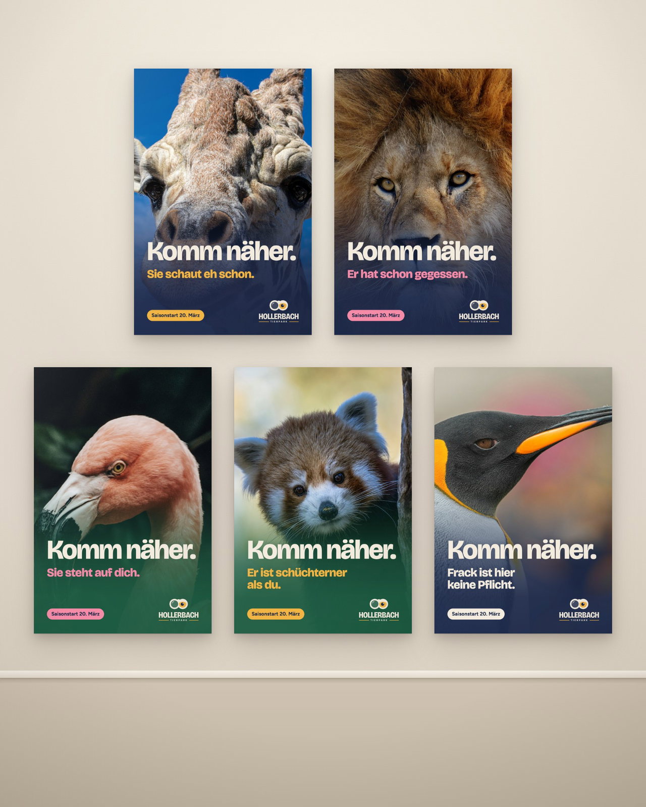 Mockup im Hochformat: Die fünf Plakate der Kampagne „Komm näher.“ an einer hellen Wand, oben Giraffe und Löwe, darunter versetzt Flamingo, Roter Panda und Königspinguin.