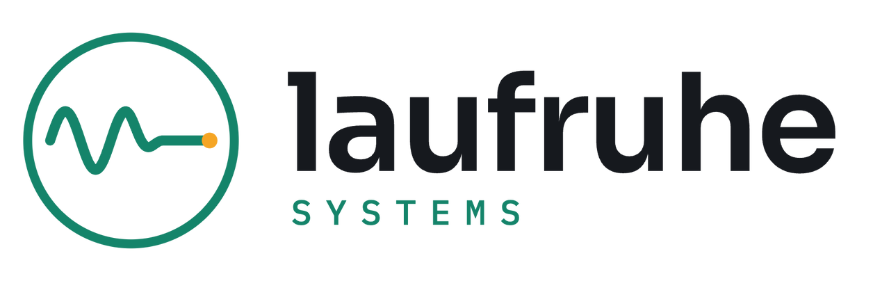 Logo Laufruhe Systems mit Wellen-Signet und Wortmarke laufruhe, dunkle Fassung für helle Flächen