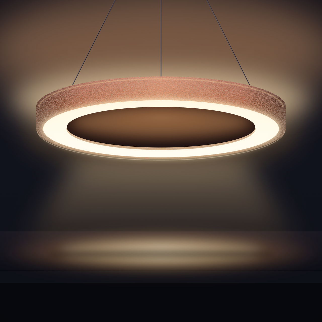 Ring-Pendelleuchte ORBIT mit terrakottafarbenem Akustikfilz, die Licht nach unten und nach oben abgibt