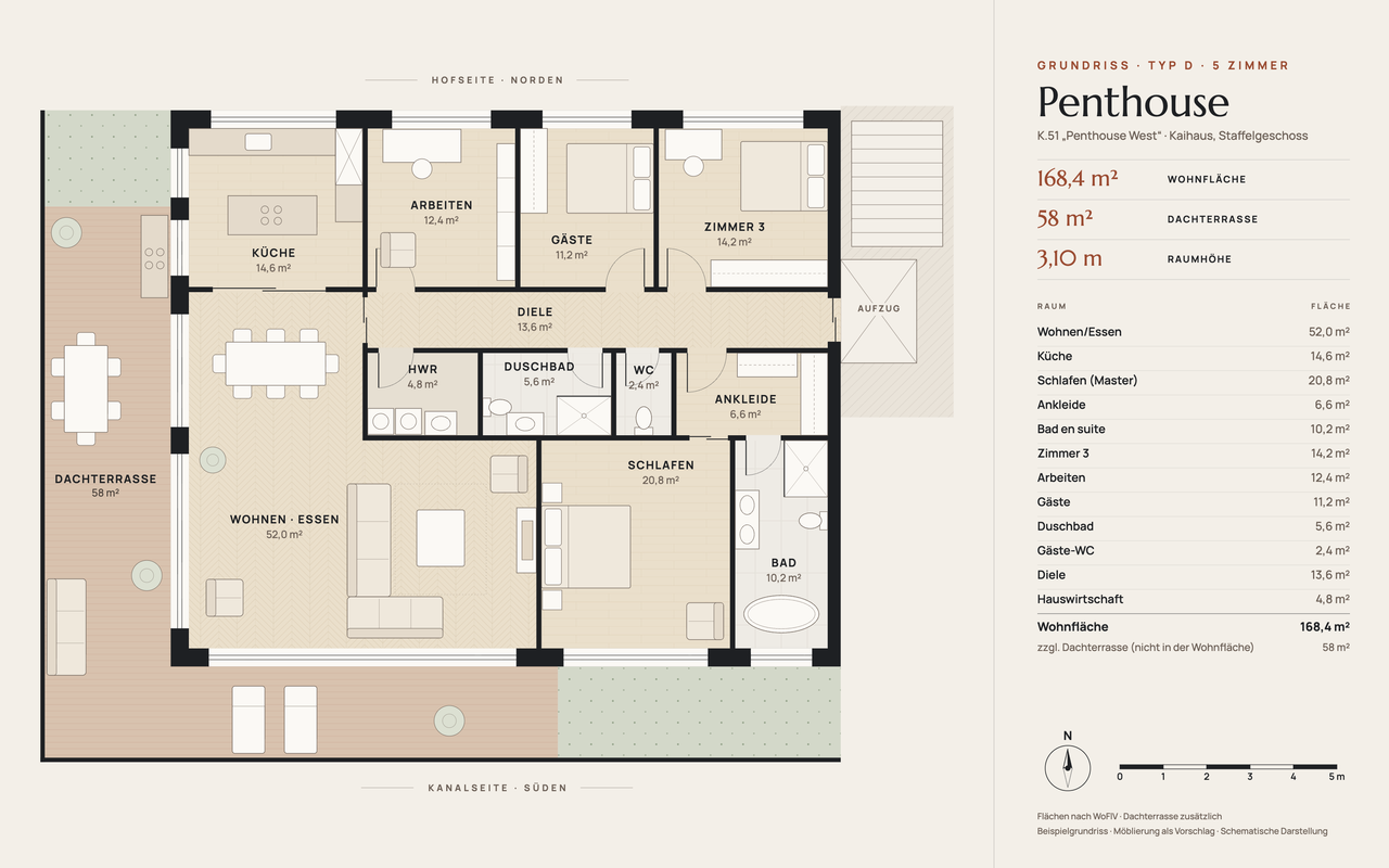 Grundriss Penthouse West (Typ D, K.51, Staffelgeschoss) mit 168,4 m² Wohnfläche und 58 m² Dachterrasse nach Westen und Süden: Wohnen/Essen mit 52 m², Fischgrät-Eiche und Kamin-Vorrüstung, Küche, Außenküchen-Anschluss auf der Terrasse, Master-Schlafzimmer mit Ankleide und Bad en suite mit freistehender Wanne, dazu Zimmer 3, Arbeiten, Gäste, Duschbad, Gäste-WC, Hauswirtschaft und eine Diele, in die der Aufzug direkt öffnet.