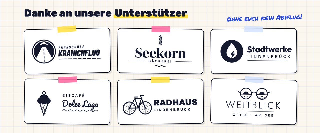 Danke an unsere Unterstützer: sechs Logos auf Karten – Fahrschule Kranichflug, Bäckerei Seekorn, Stadtwerke Lindenbrück, Eiscafé Dolce Lago, Radhaus Lindenbrück und Optik Weitblick am See.