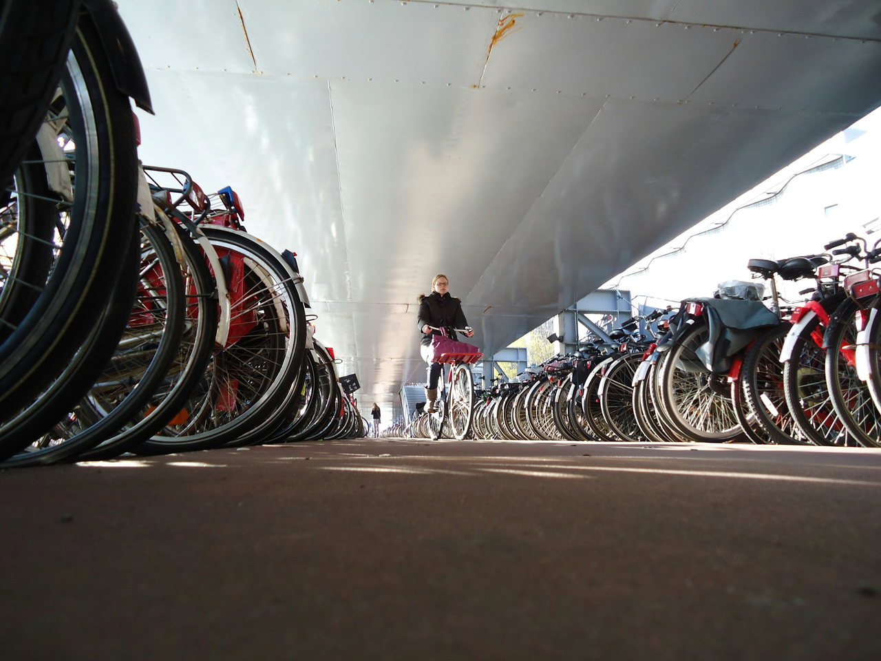 Endlose Reihen geparkter Fahrräder unter einem Brückendach, in der Mitte fährt eine Radfahrerin hindurch