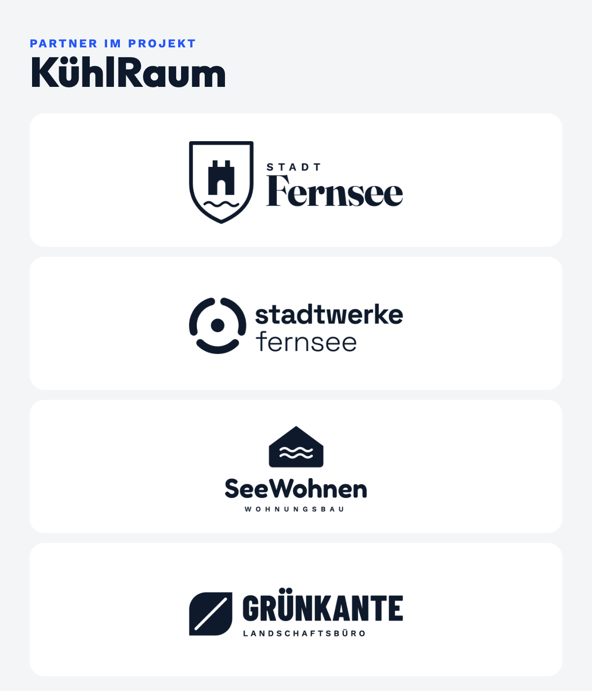 Partner im Projekt KühlRaum, untereinander: Stadt Fernsee, Stadtwerke Fernsee, SeeWohnen Wohnungsbau, Landschaftsbüro Grünkante