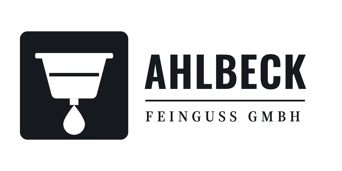 Logo der Feinguss Ahlbeck GmbH: Gießtiegel mit fallendem Gusstropfen und Schriftzug Ahlbeck Feinguss GmbH