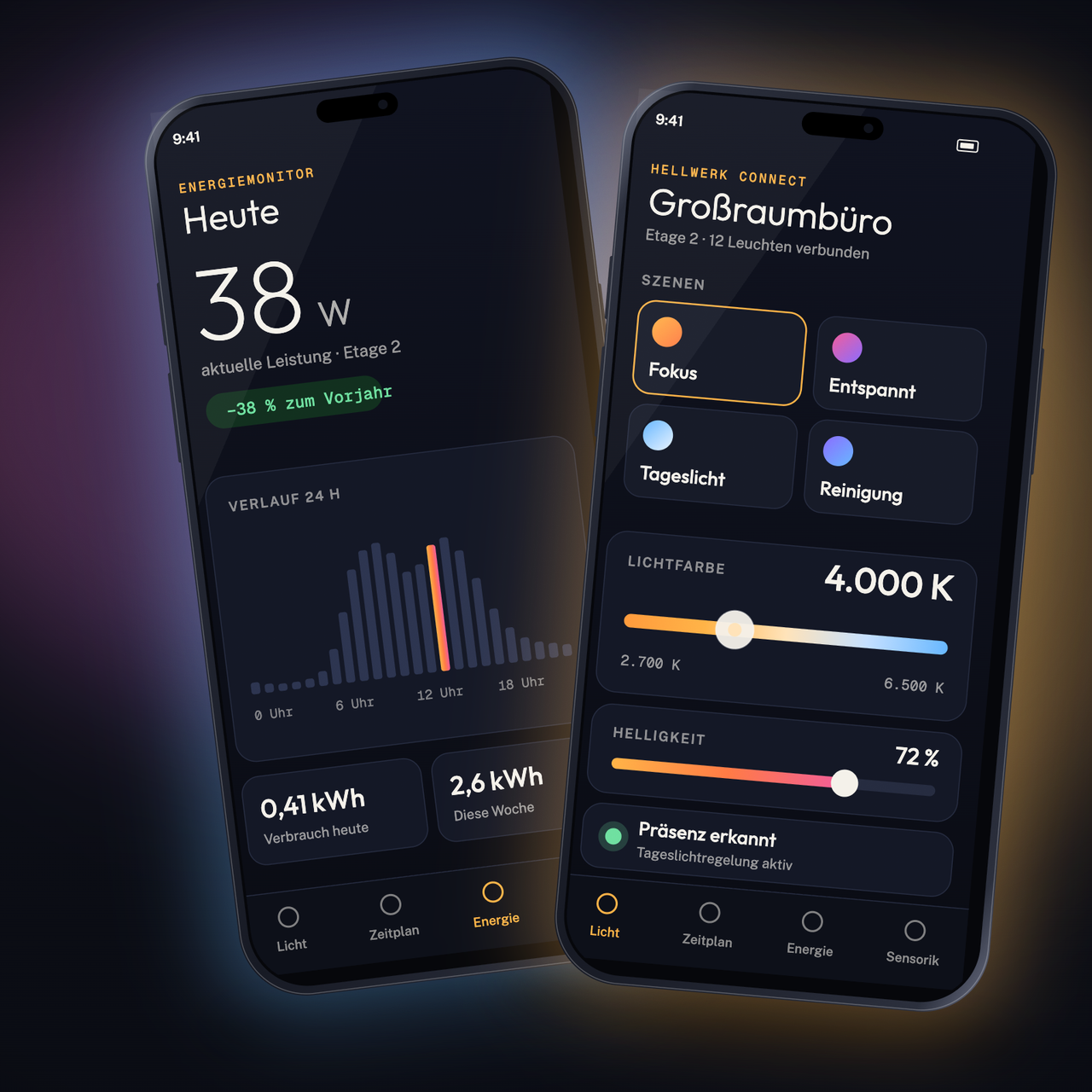 Zwei Smartphones mit der HELLWERK CONNECT App: Szenen, Kelvin-Regler auf 4.000 K und Helligkeit sowie Energiemonitor mit 38 Watt