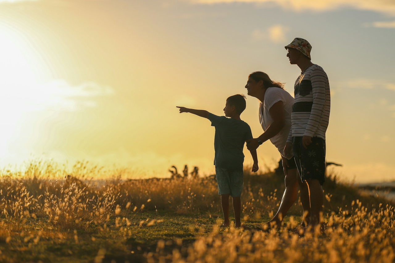 Familie von der Seite im Gegenlicht der Abendsonne auf einer Wiese, das Kind zeigt in die Ferne